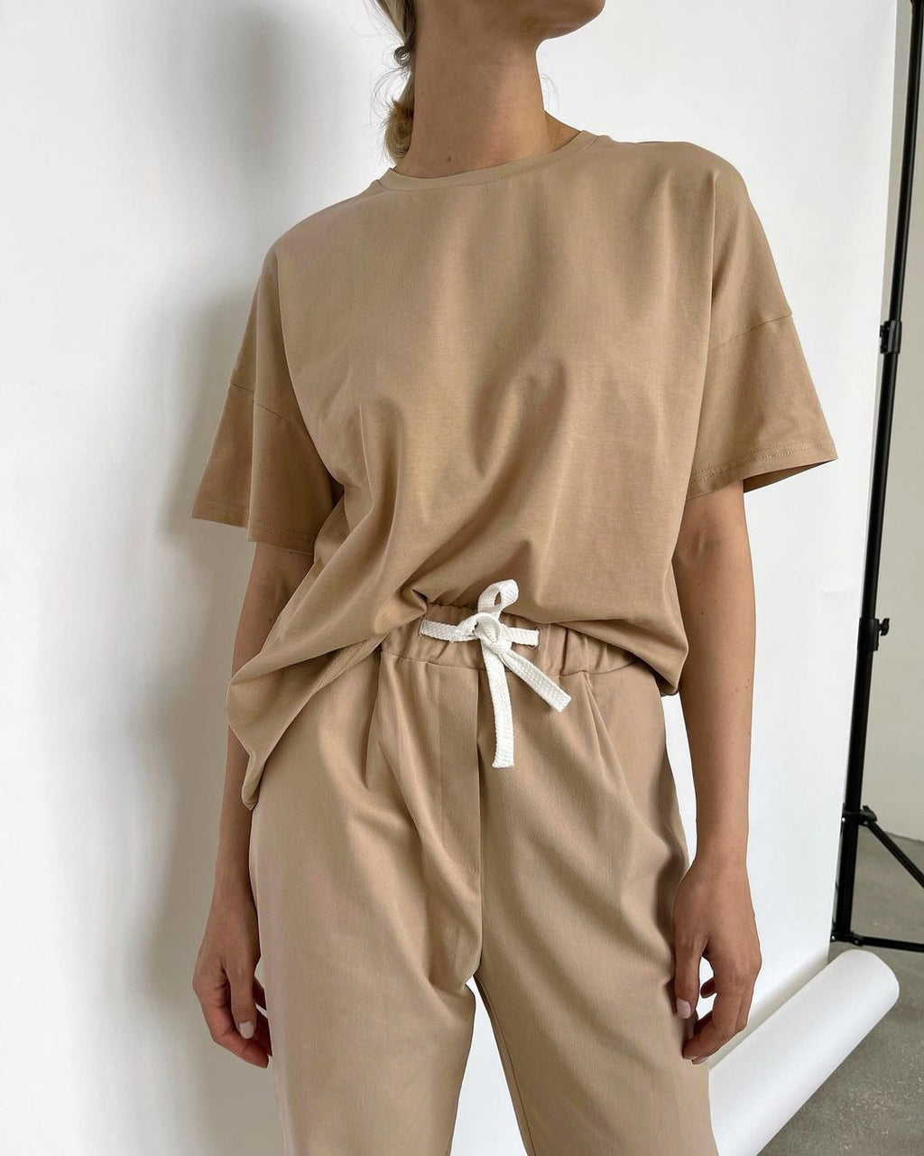 Relaxed Drop Shoulder Cotton Crew Tee - Tan - 3