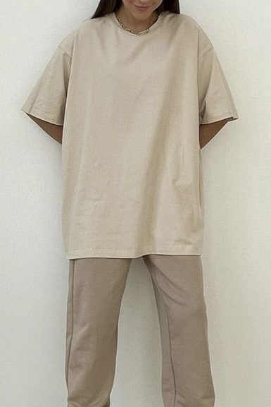 Relaxed Drop Shoulder Cotton Crew Tee - Tan - 5