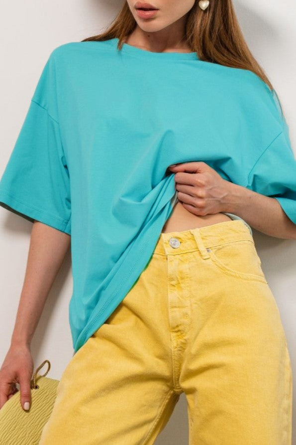Relaxed Drop Shoulder Cotton Crew Tee - Turquoise