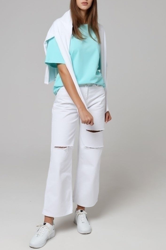 Relaxed Drop Shoulder Cotton Crew Tee - Turquoise - 3