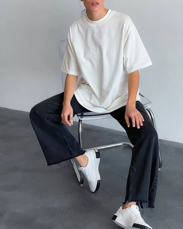 Relaxed Drop Shoulder Cotton Crew Tee - White - 1