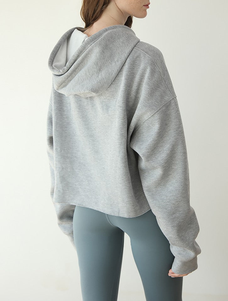 Relaxed Cropped Drawstring Hoodie - Grey - 1