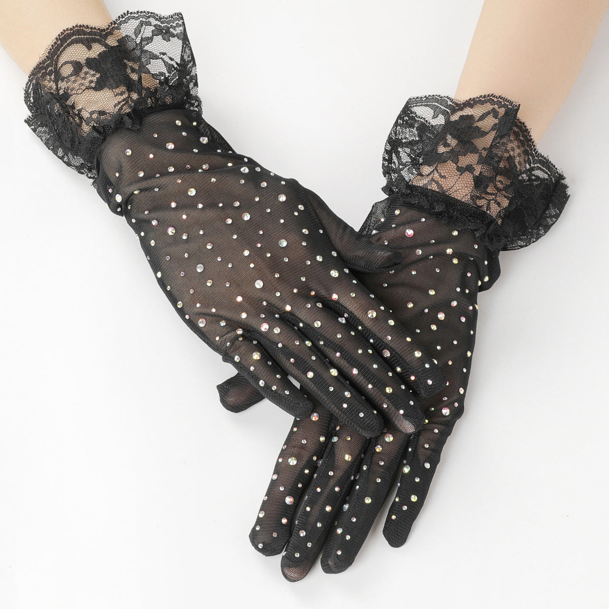Rhinestone Lace Cuff Sheer Wedding Gloves - Black