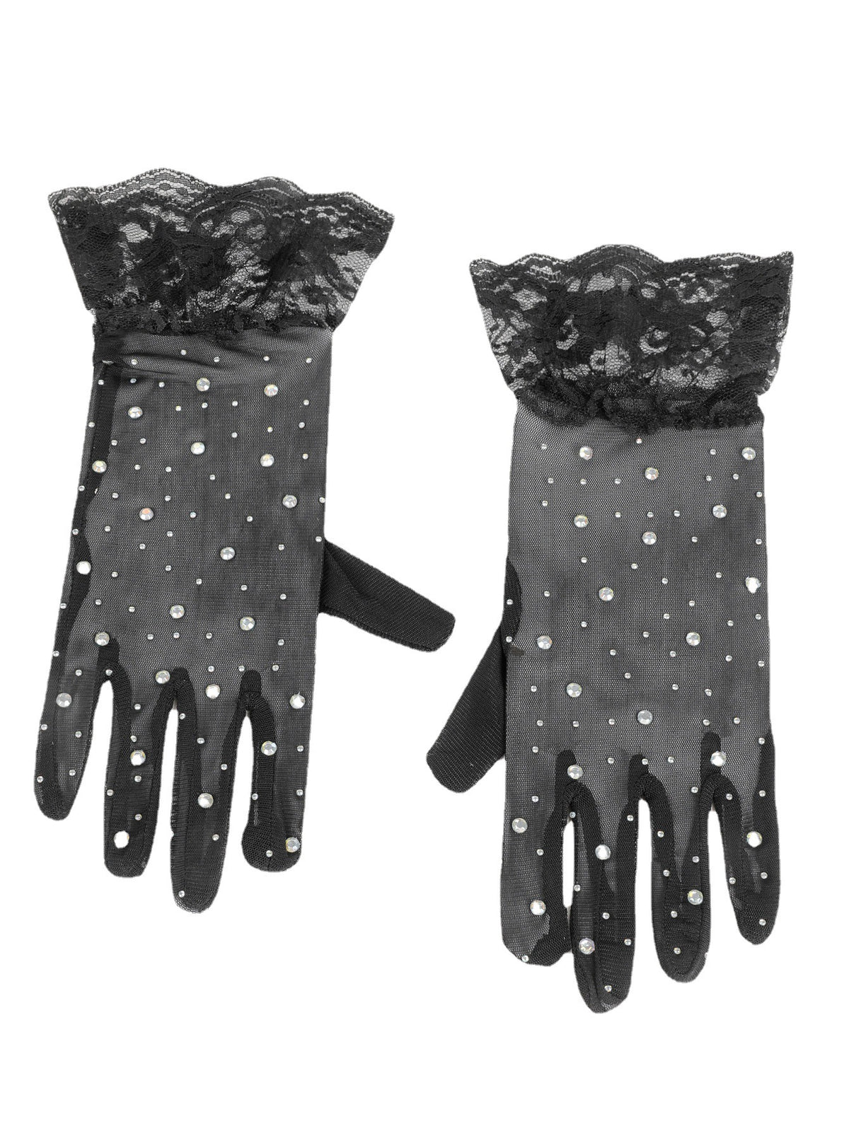 Rhinestone Lace Cuff Sheer Wedding Gloves - Black - 2