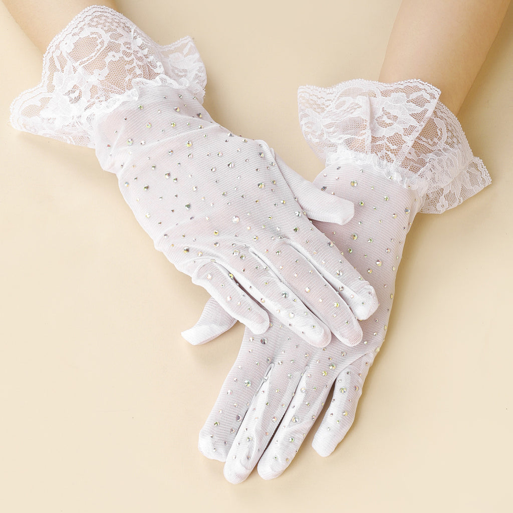 Rhinestone Lace Cuff Sheer Wedding Gloves - White