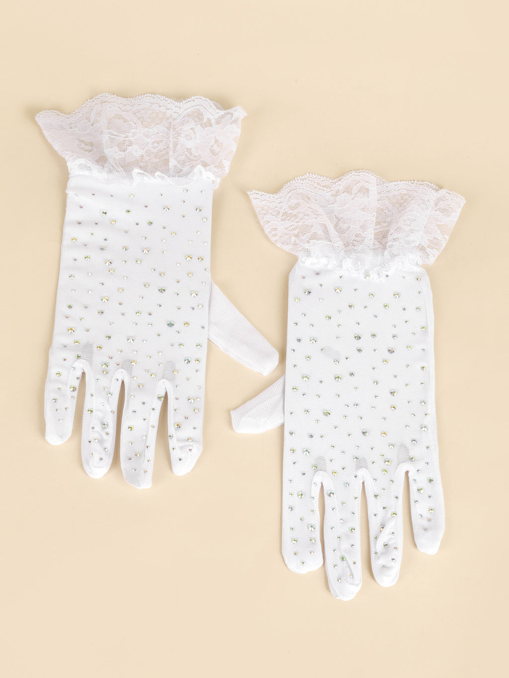 Rhinestone Lace Cuff Sheer Wedding Gloves - White - 1