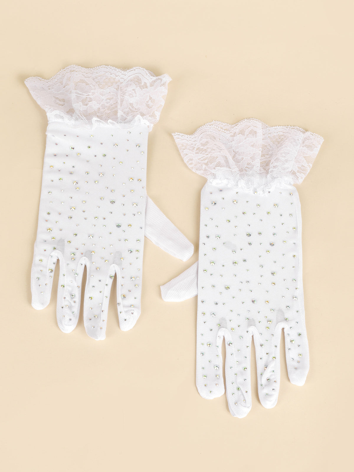 Rhinestone Lace Cuff Sheer Wedding Gloves - White - 1
