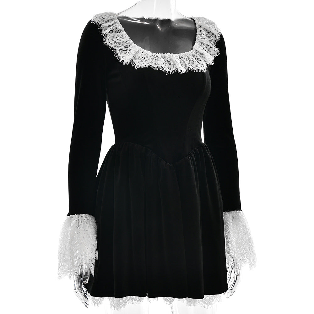 Lace Trim Velvet Mini Skater Dress - Black