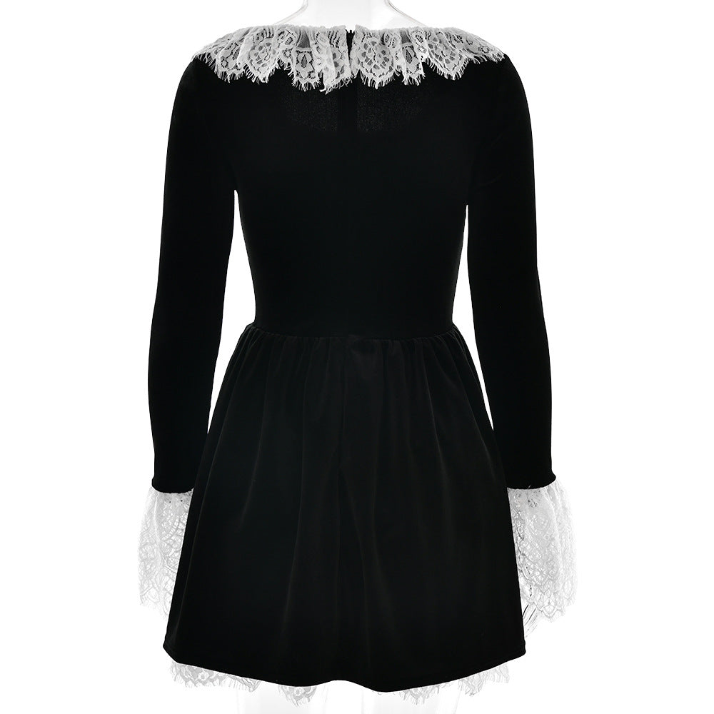 Lace Trim Velvet Mini Skater Dress - Black - 1