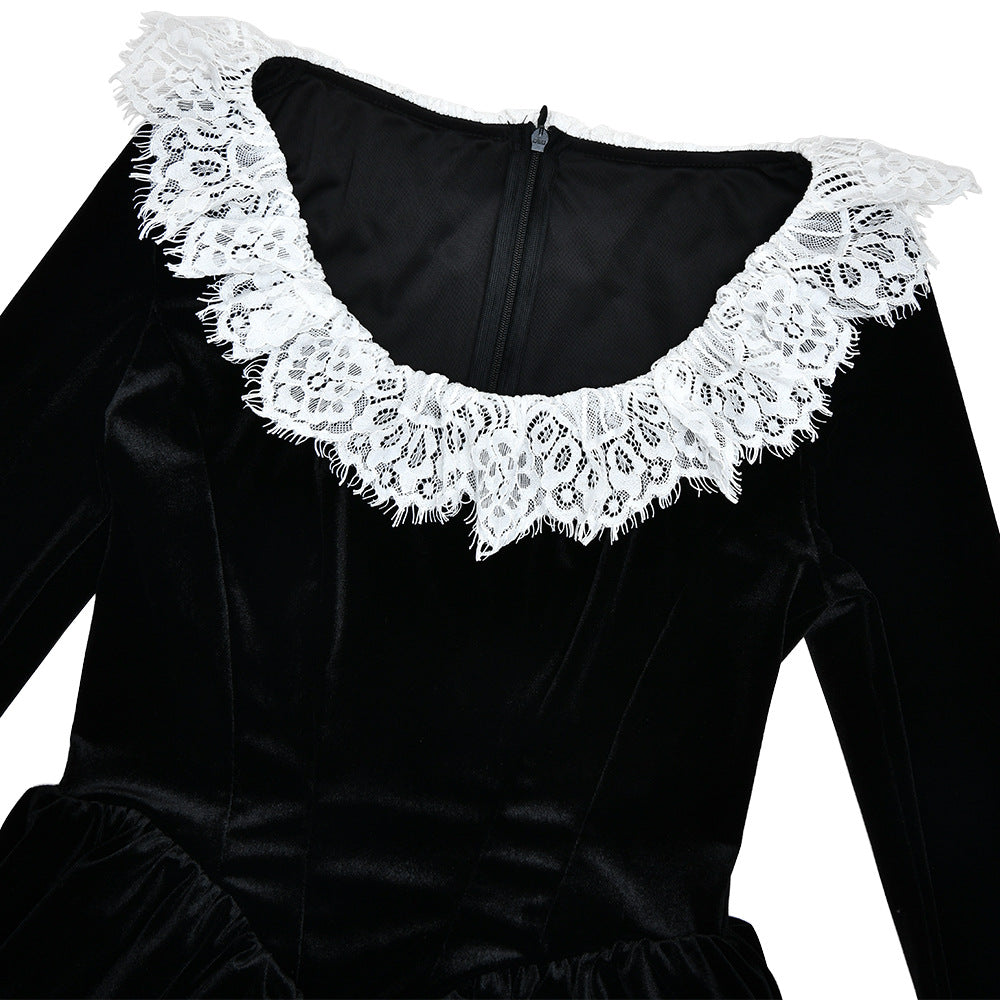 Lace Trim Velvet Mini Skater Dress - Black - 2