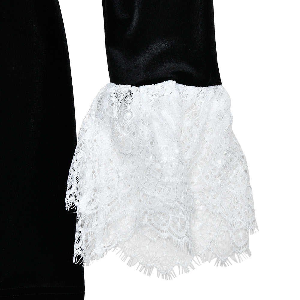 Lace Trim Velvet Mini Skater Dress - Black - 3