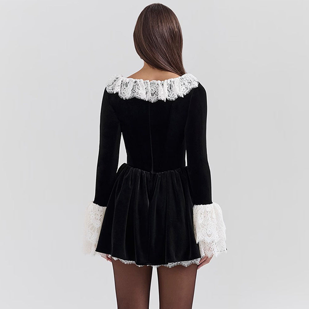 Lace Trim Velvet Mini Skater Dress - Black - 6