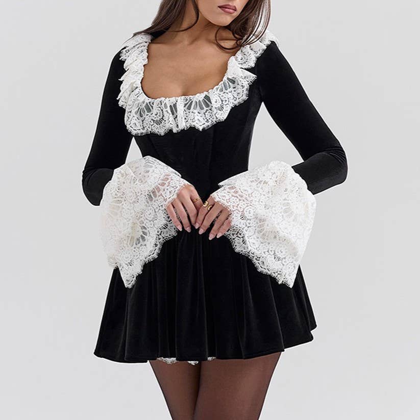 Lace Trim Velvet Mini Skater Dress