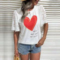 Heart Graphic Lace Sleeve T Shirt - White