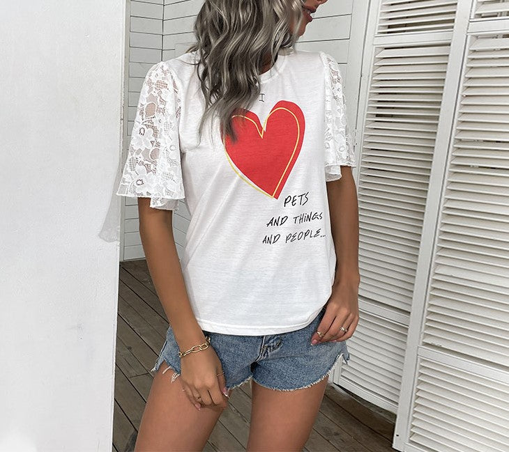 Heart Graphic Lace Sleeve T Shirt - White - 4