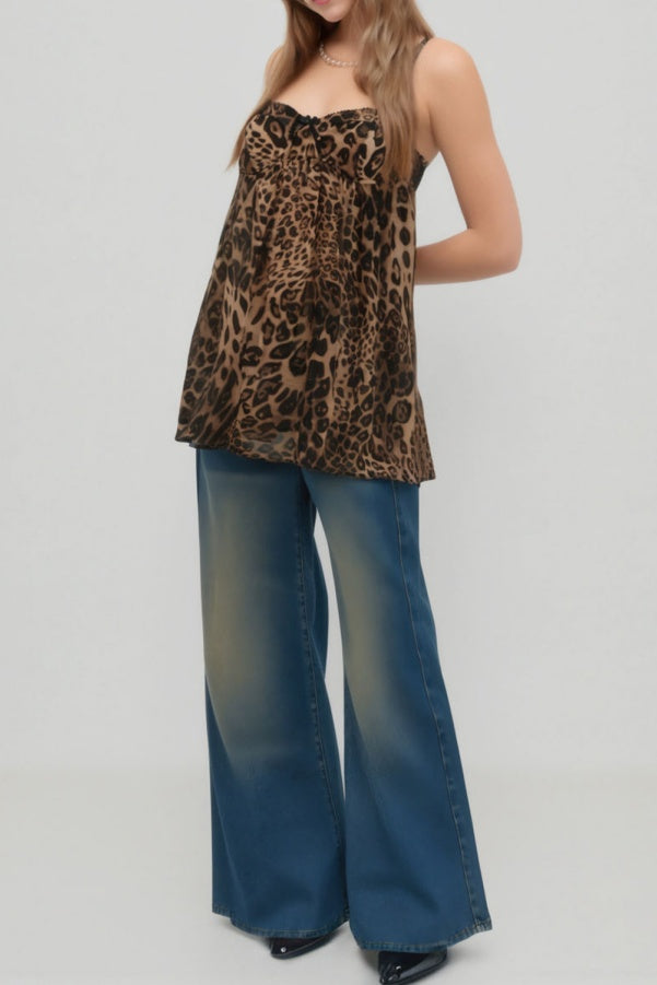 Longline Swing Cami Top With Adjustable Straps - Leopard - 1