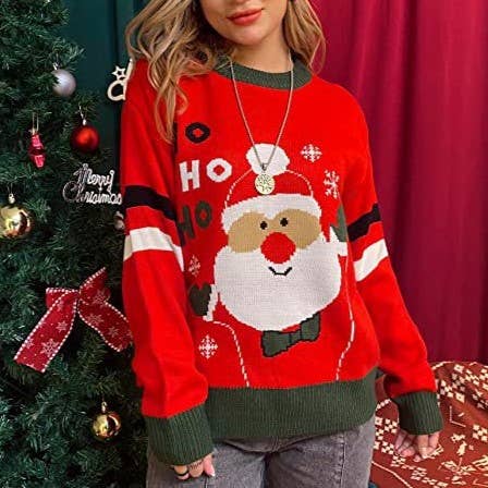 Festive Santa Motif Colorblock Knit Sweater