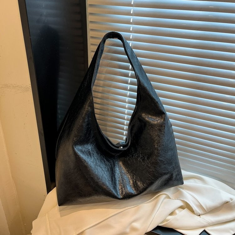 Slouchy Glossy Faux Leather Hobo Bag - Black
