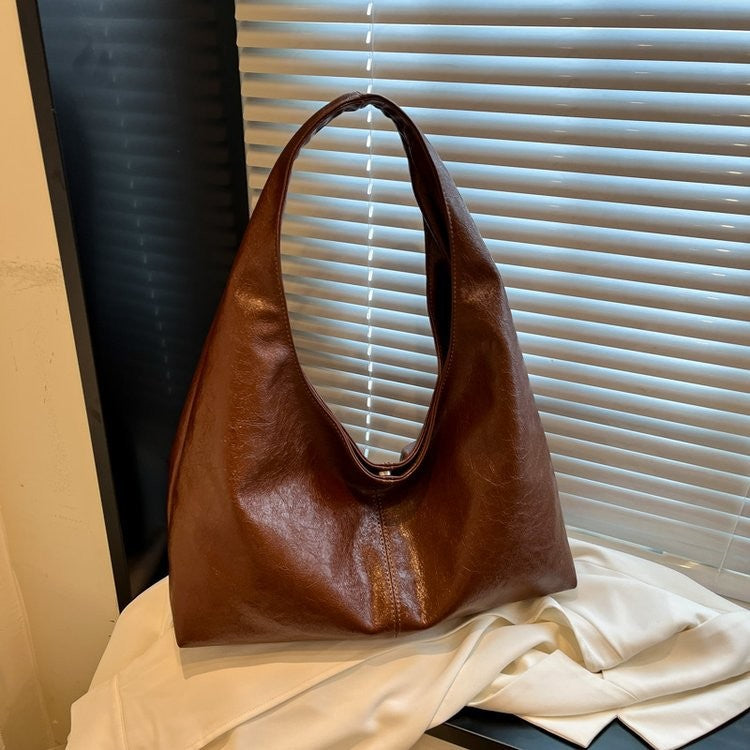 Slouchy Glossy Faux Leather Hobo Bag - Cognac