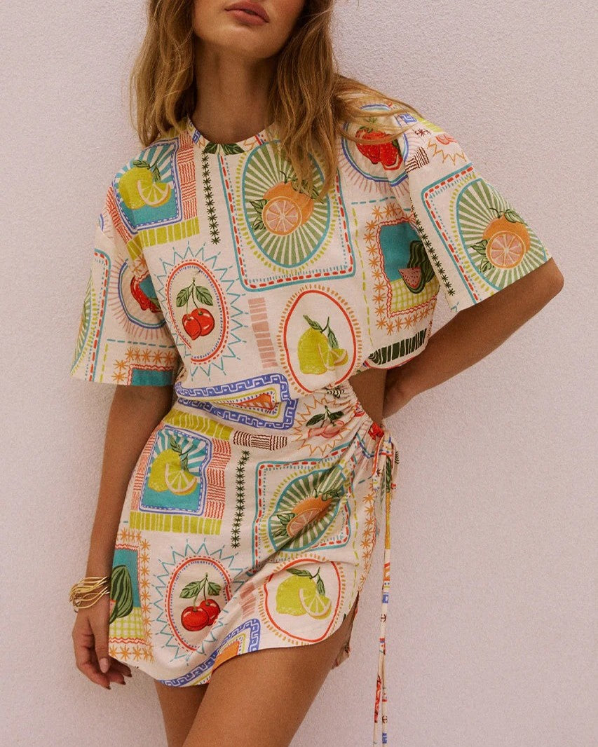 Fruit Print Cutout Waist Mini Dress - Decor