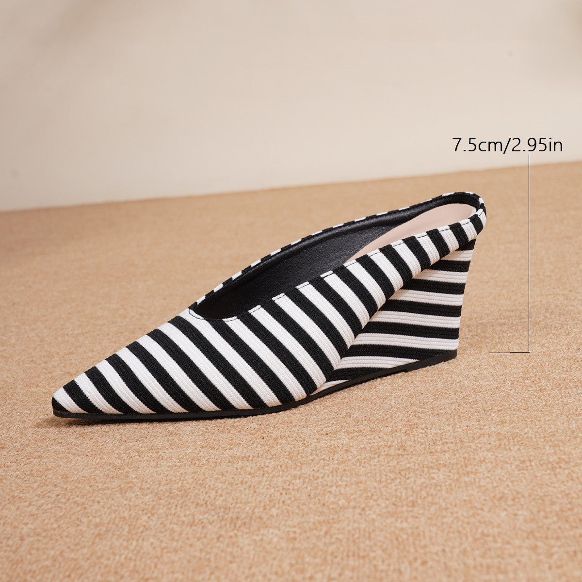 Black and White Striped Pointed Toe Wedge Mules