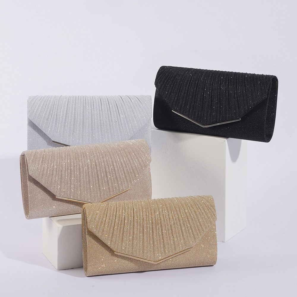 Pleated Shimmer Envelope Clutch with Chain Strap