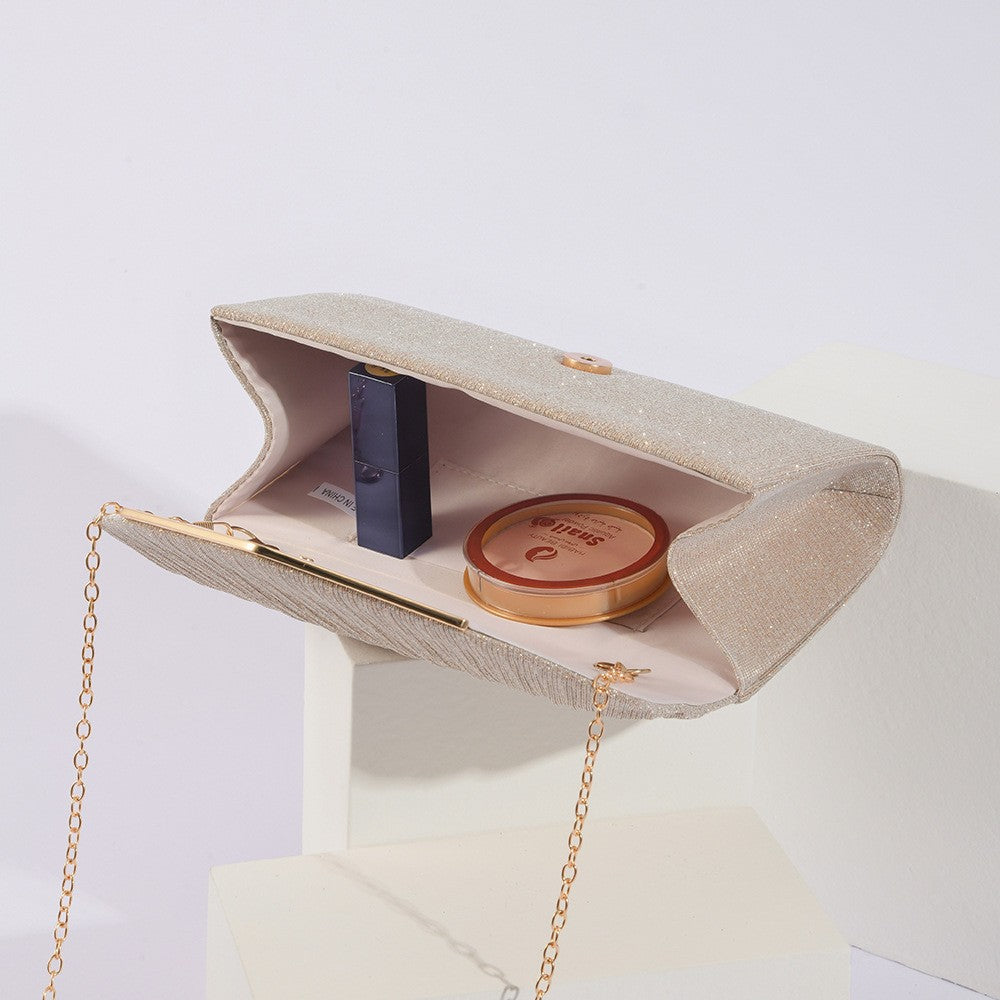 Pleated Shimmer Envelope Clutch with Chain Strap
