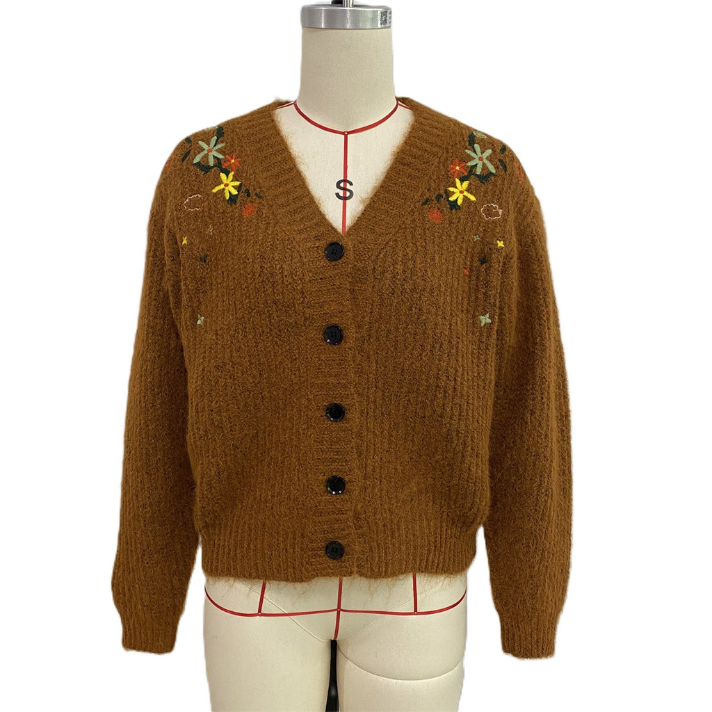Chunky Ribbed Knit Cardigan With Flower Embroidery - Brown