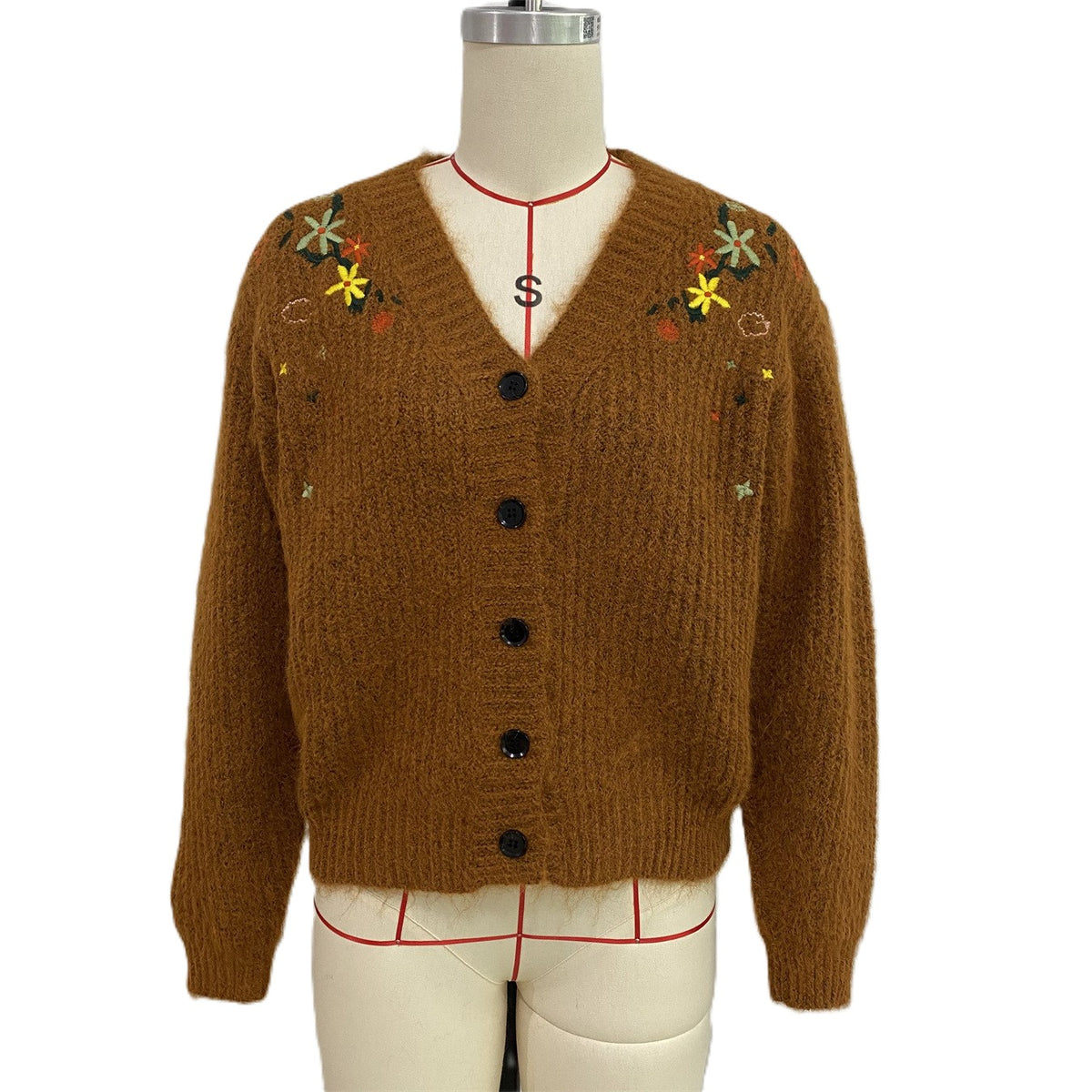 Chunky Ribbed Knit Cardigan With Flower Embroidery - Brown