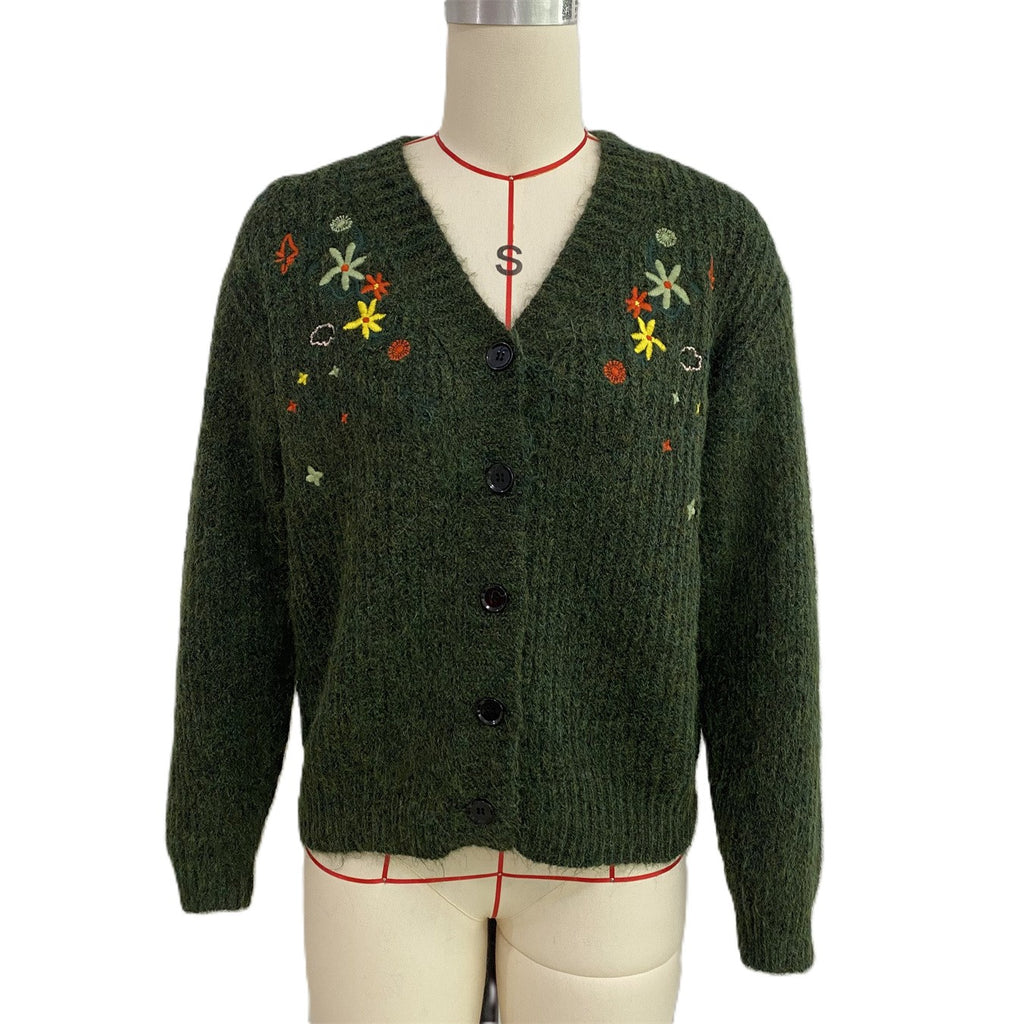 Chunky Ribbed Knit Cardigan With Flower Embroidery - Green