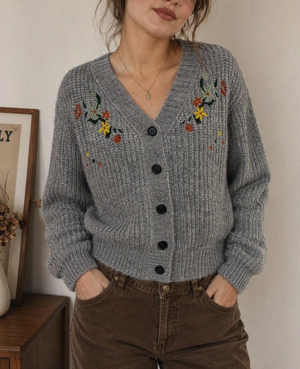 Chunky Ribbed Knit Cardigan With Flower Embroidery - Grey