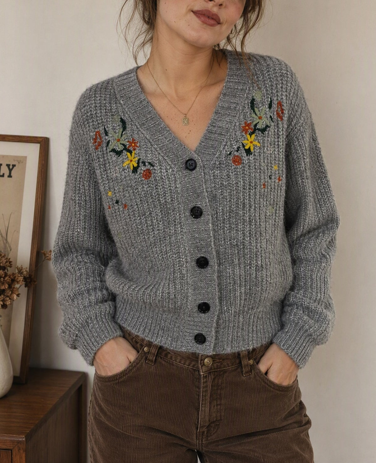 Chunky Ribbed Knit Cardigan With Flower Embroidery - Grey