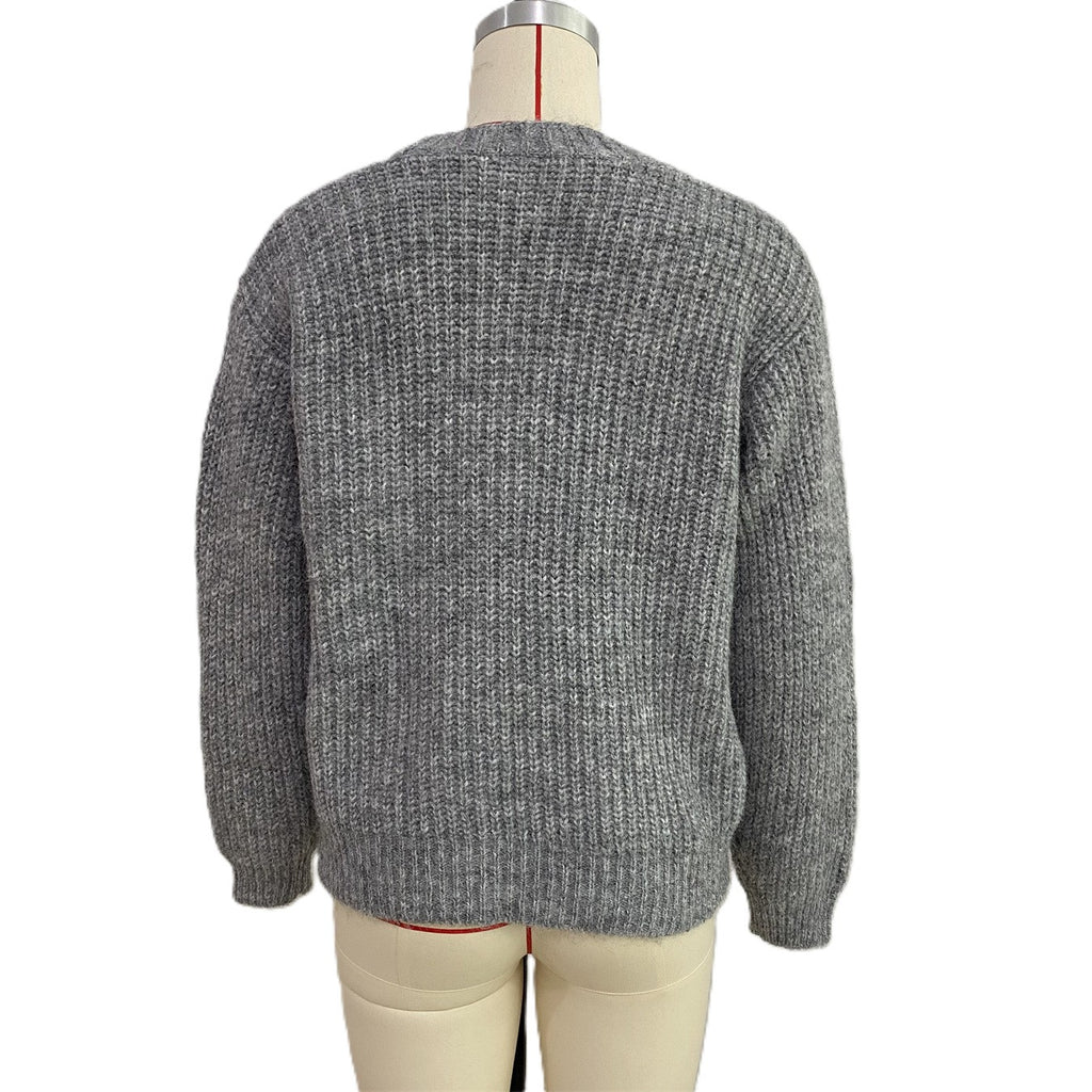 Chunky Ribbed Knit Cardigan With Flower Embroidery - Grey - 2