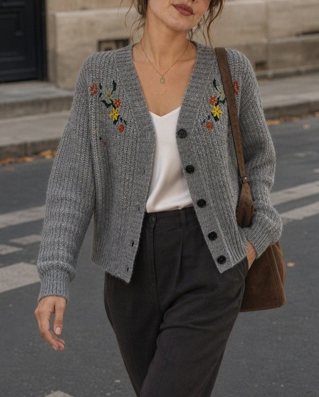 Chunky Ribbed Knit Cardigan With Flower Embroidery - Grey - 4