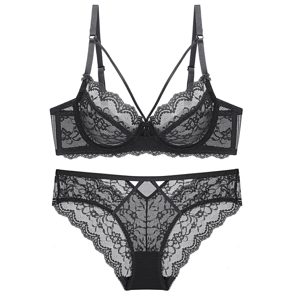 Floral Lace Strappy Underwire Bra And Panty Set - Black