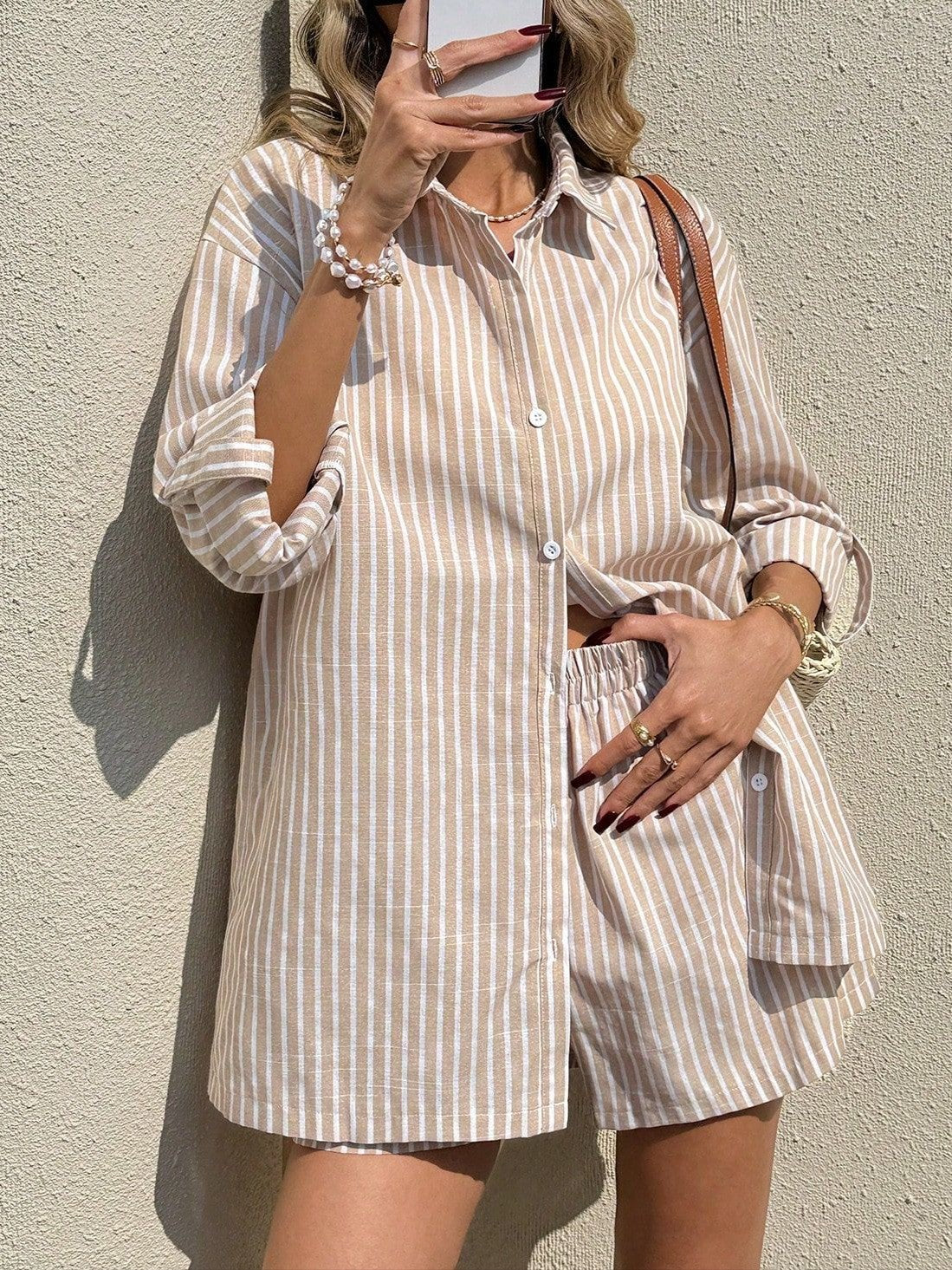 Striped Oversized Shirt and Shorts Lounge Set - Apricot