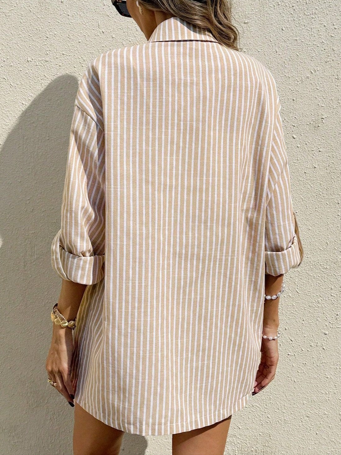 Striped Oversized Shirt and Shorts Lounge Set - Apricot - 2