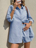 Striped Oversized Shirt and Shorts Lounge Set - Blue