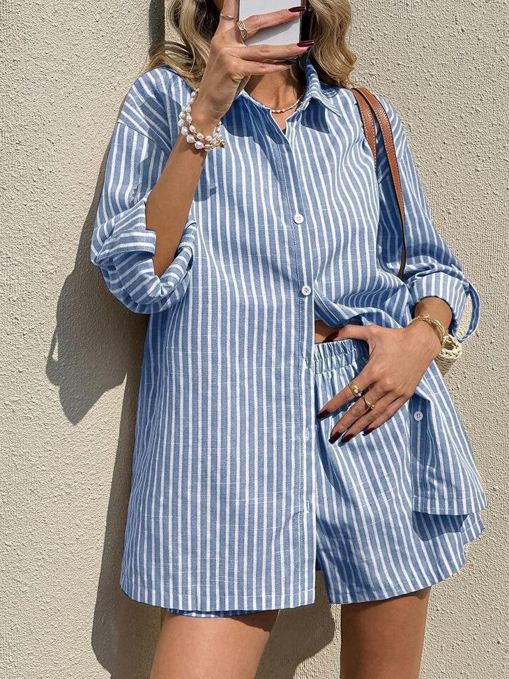 Striped Oversized Shirt and Shorts Lounge Set - Blue