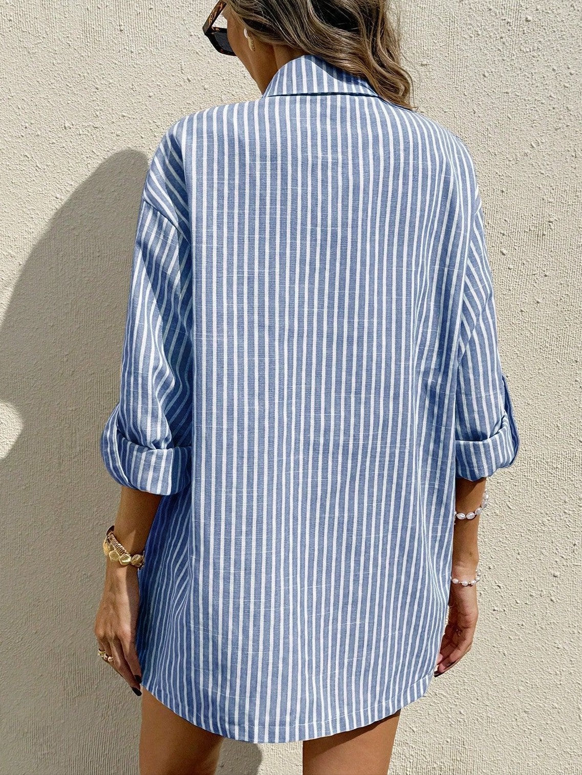 Striped Oversized Shirt and Shorts Lounge Set - Blue - 2