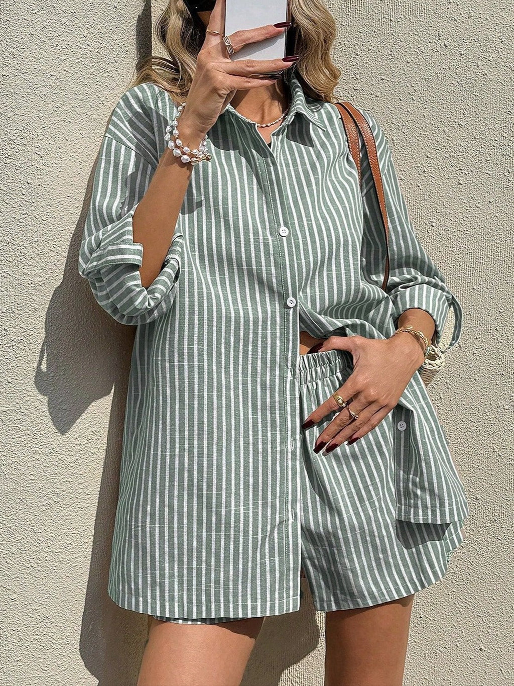 Striped Oversized Shirt and Shorts Lounge Set - Green