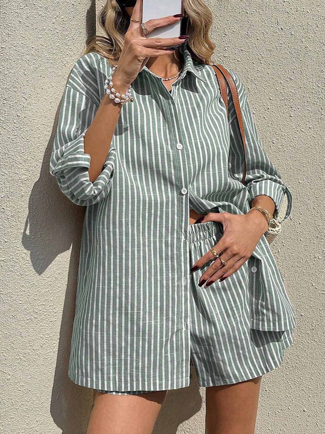 Striped Oversized Shirt and Shorts Lounge Set - Green