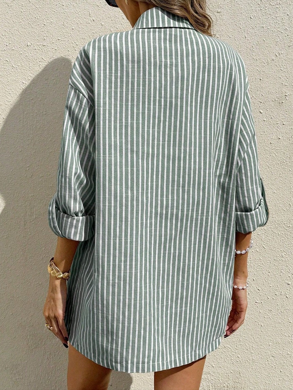 Striped Oversized Shirt and Shorts Lounge Set - Green - 2