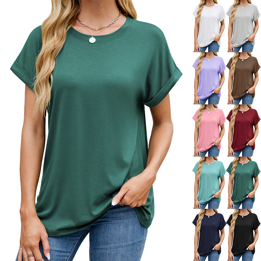 Loose Rolled Sleeve Crew Neck Tee - Color_10 - 1