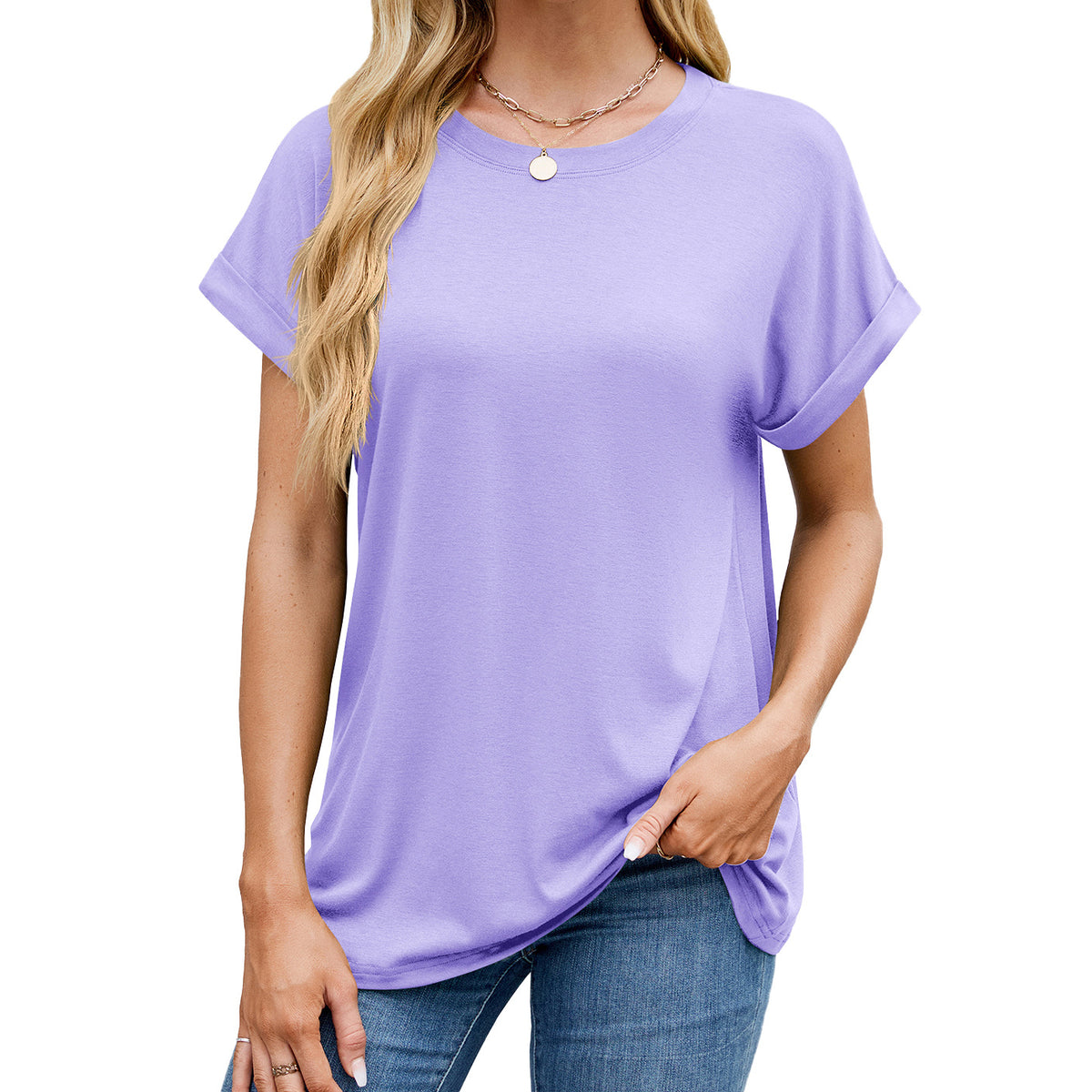Loose Rolled Sleeve Crew Neck Tee - Color_10 - 2
