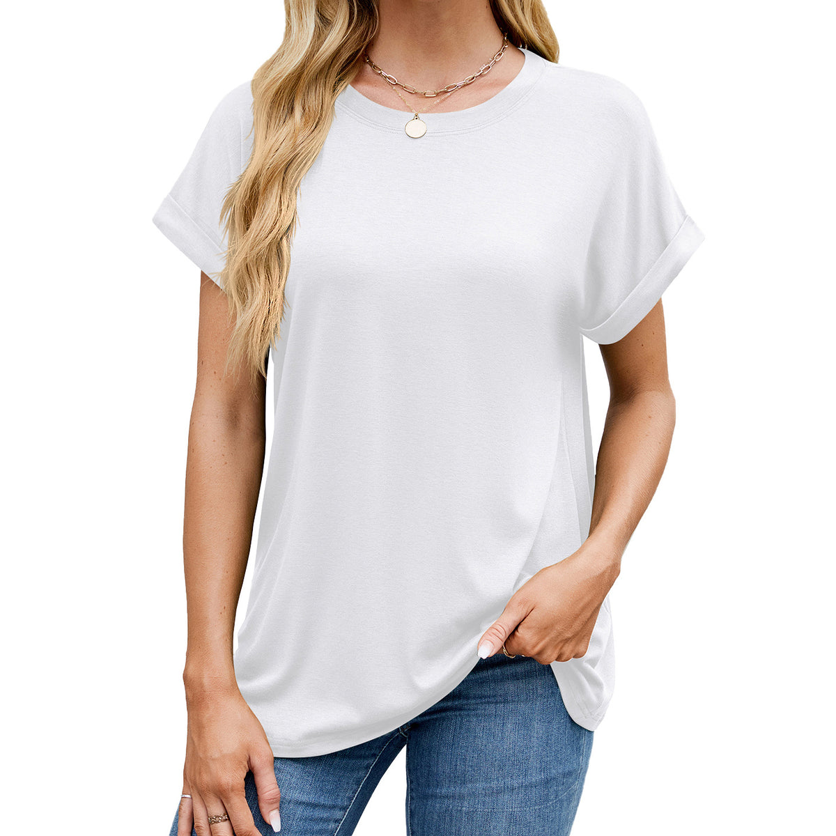 Loose Rolled Sleeve Crew Neck Tee - Color_2