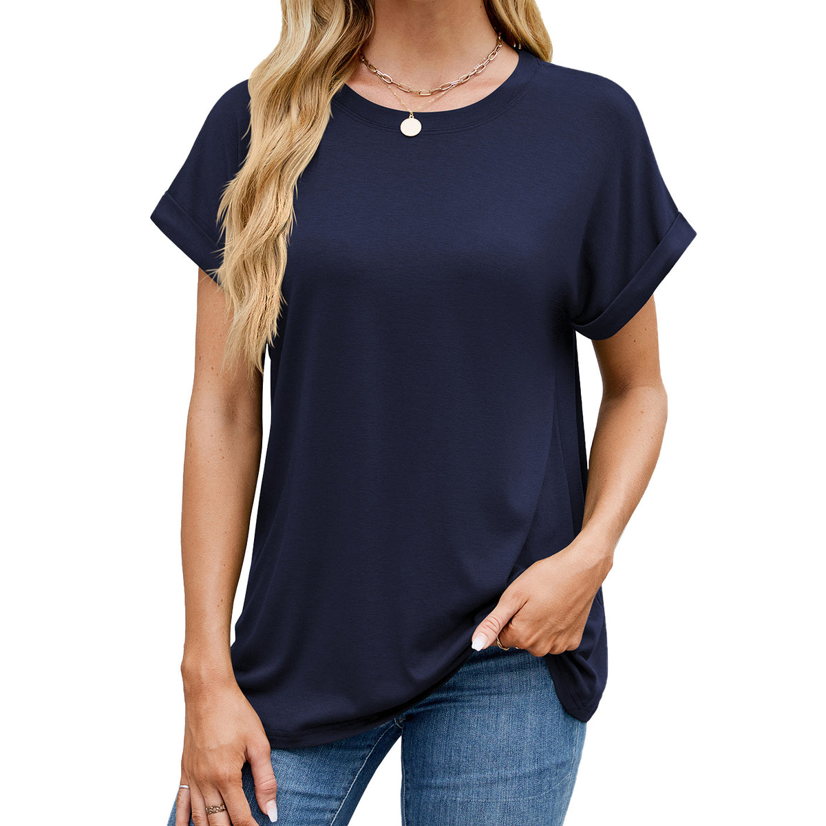 Loose Rolled Sleeve Crew Neck Tee - Color_3
