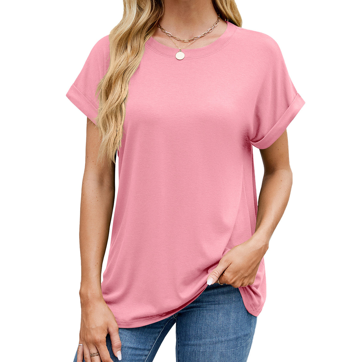 Loose Rolled Sleeve Crew Neck Tee - Color_5