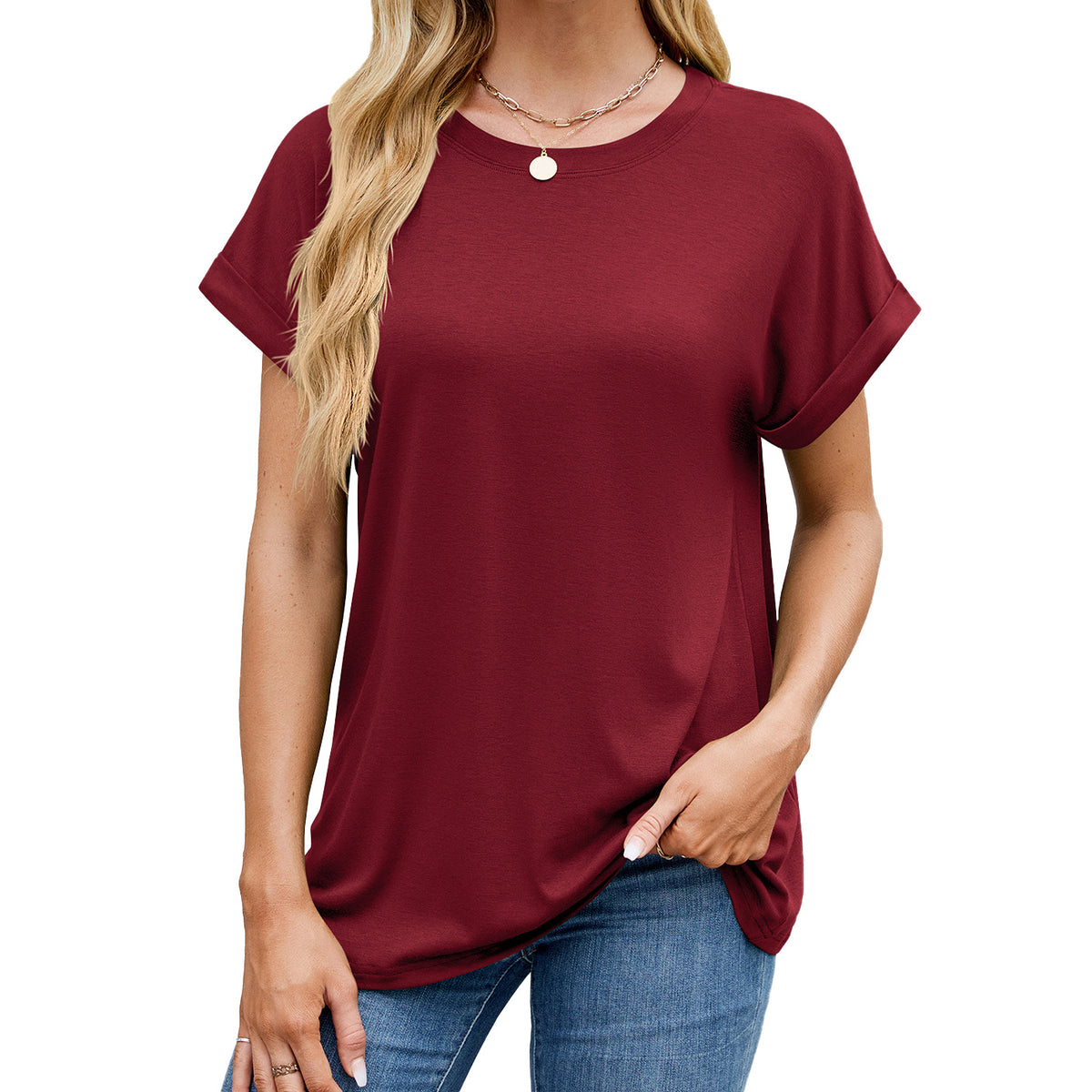Loose Rolled Sleeve Crew Neck Tee - Color_6