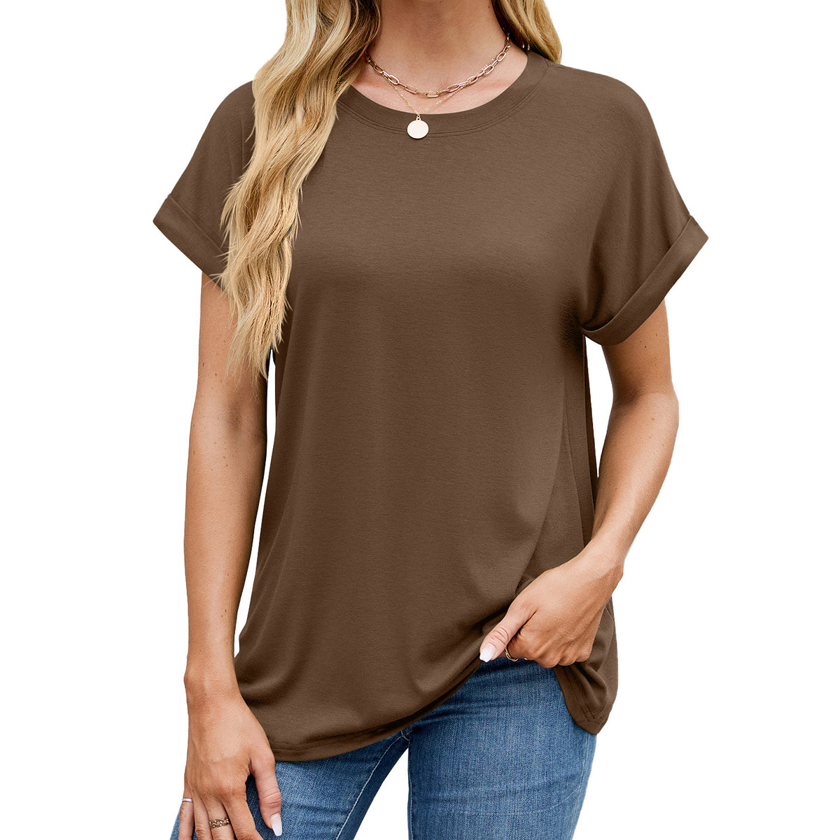 Loose Rolled Sleeve Crew Neck Tee - Color_7